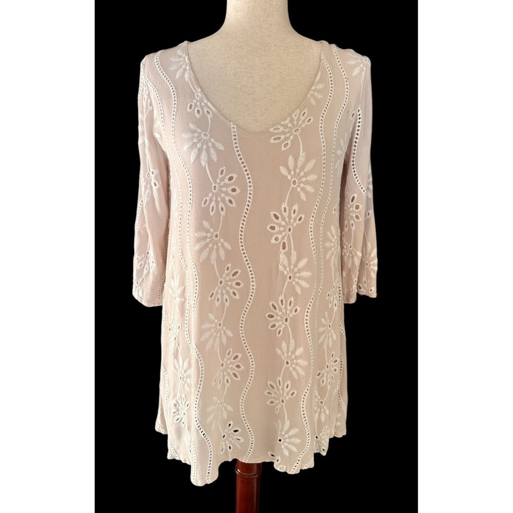 LULUS Embroidered‎ Eyelet Lined Dress Boho Babydoll Shift Cream Ivory Flowy SZ S